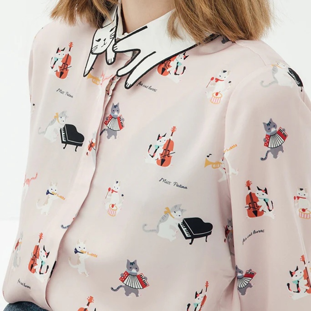 Miss Patina Aristocat Shirt Pink Cat Collar Button Down Long Sleeve Blouse